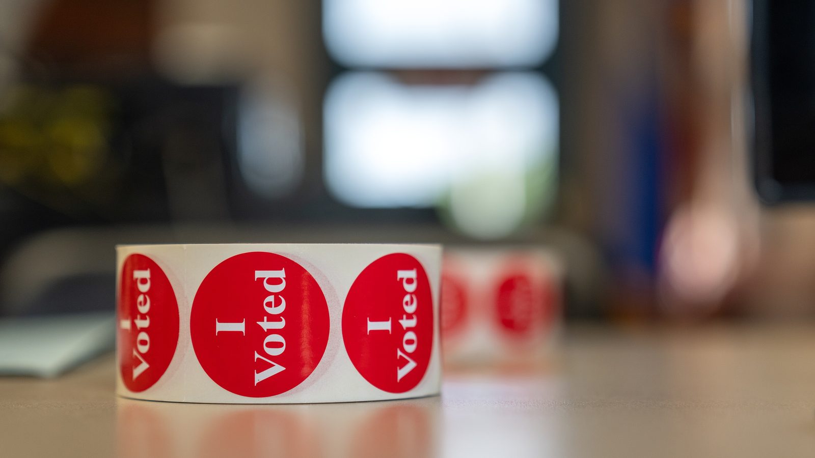 A roll of "I Voted" stickers in Aitkin Public Library on Primary Election Day, Aug. 11, 2026. in Aitkin.jpg